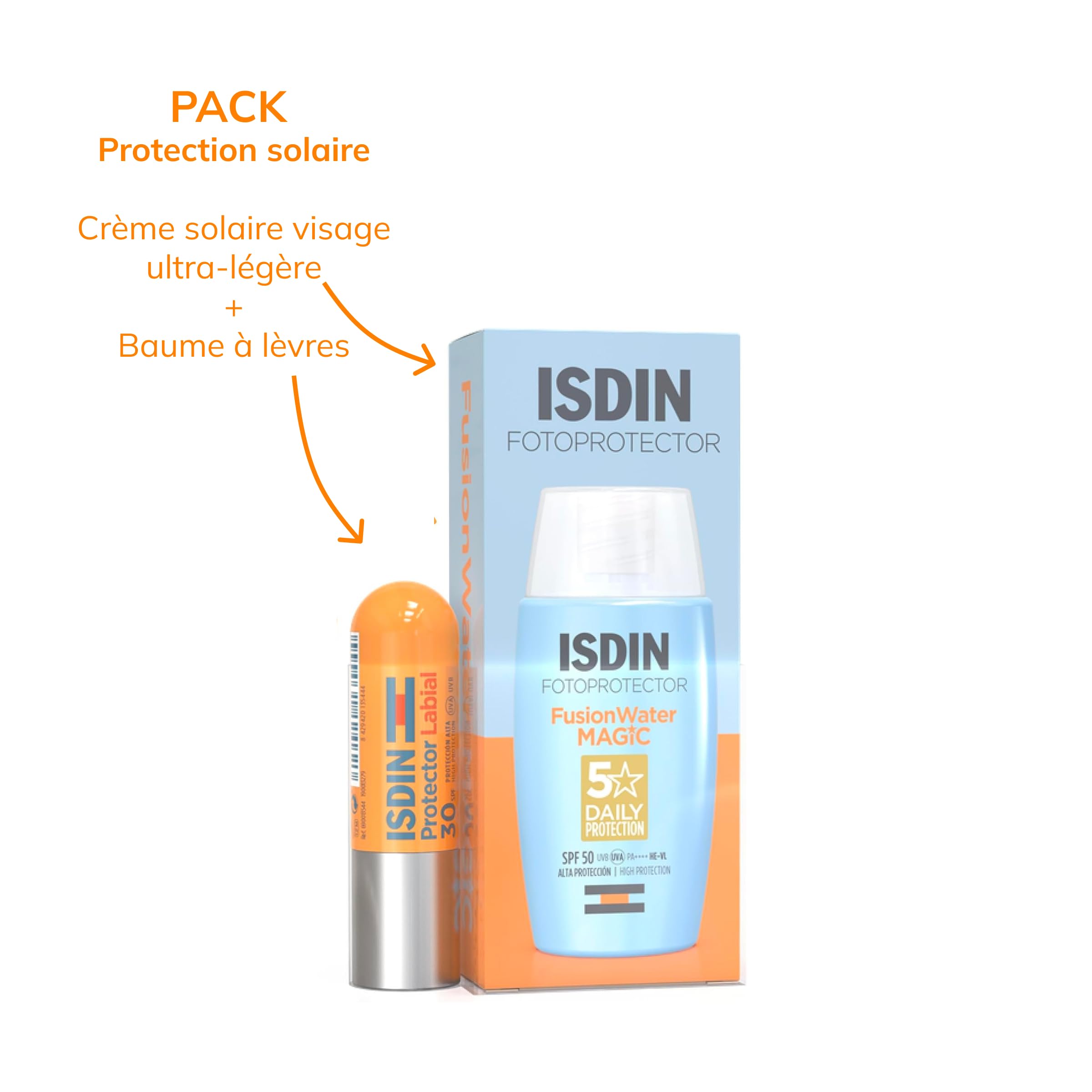 ISDIN Pack Fusion Water MAGIC Crème Solaire Visage SPF 50 50 ml + Stick Protection Lèvres SPF 30 4 g