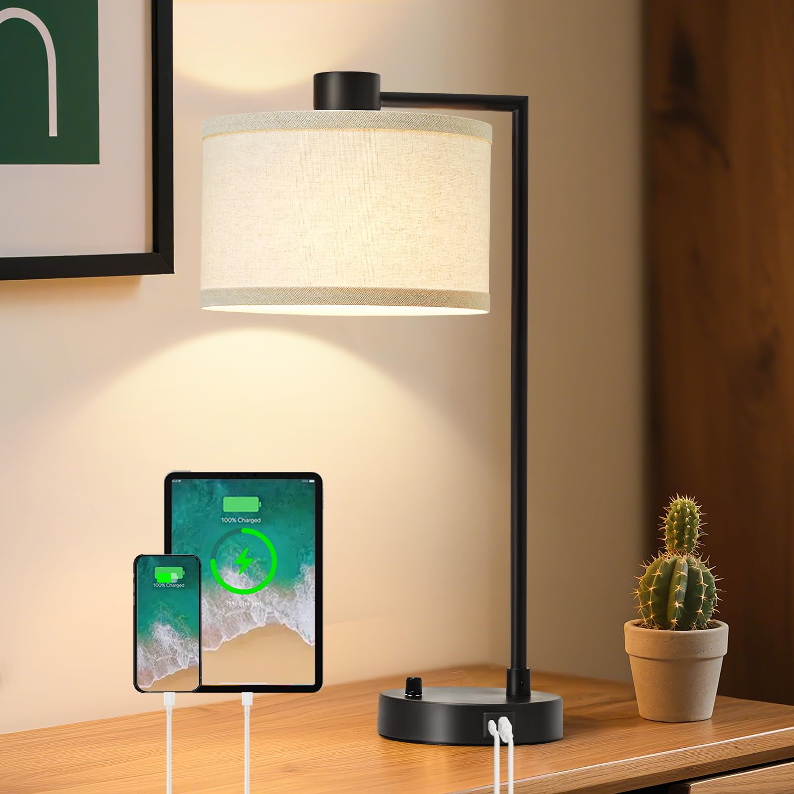 GyroVu Table Lamp for Bedroom - USB C+A Ports Large Bedside Lamp for Living Room - Stepless Dimmable Bedside Table Lamp with Linen Shade for Living Room Reading Office(Bulb Included)