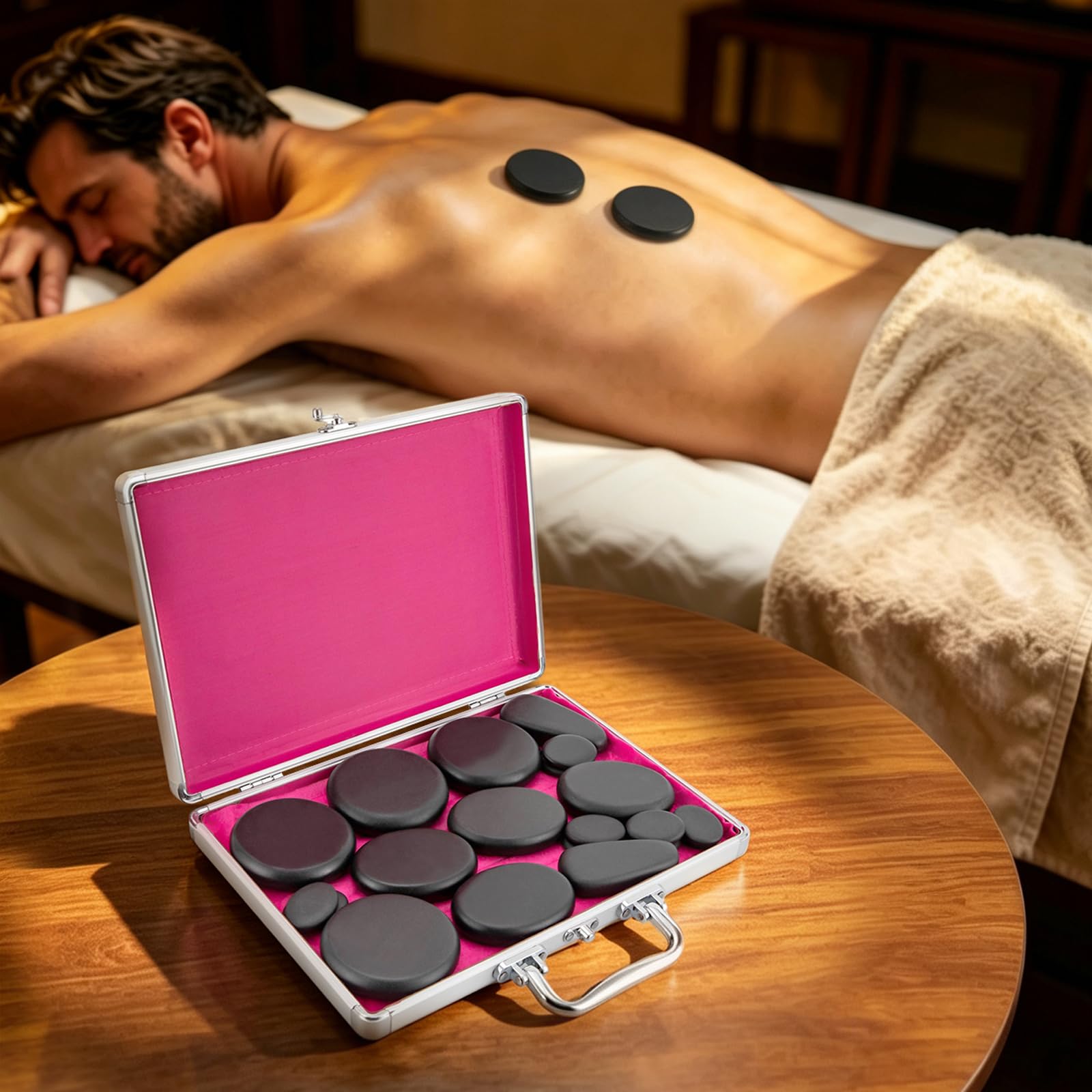 Set de masaje de piedra caliente (18 unidades, portátil, con caja de calefacción)