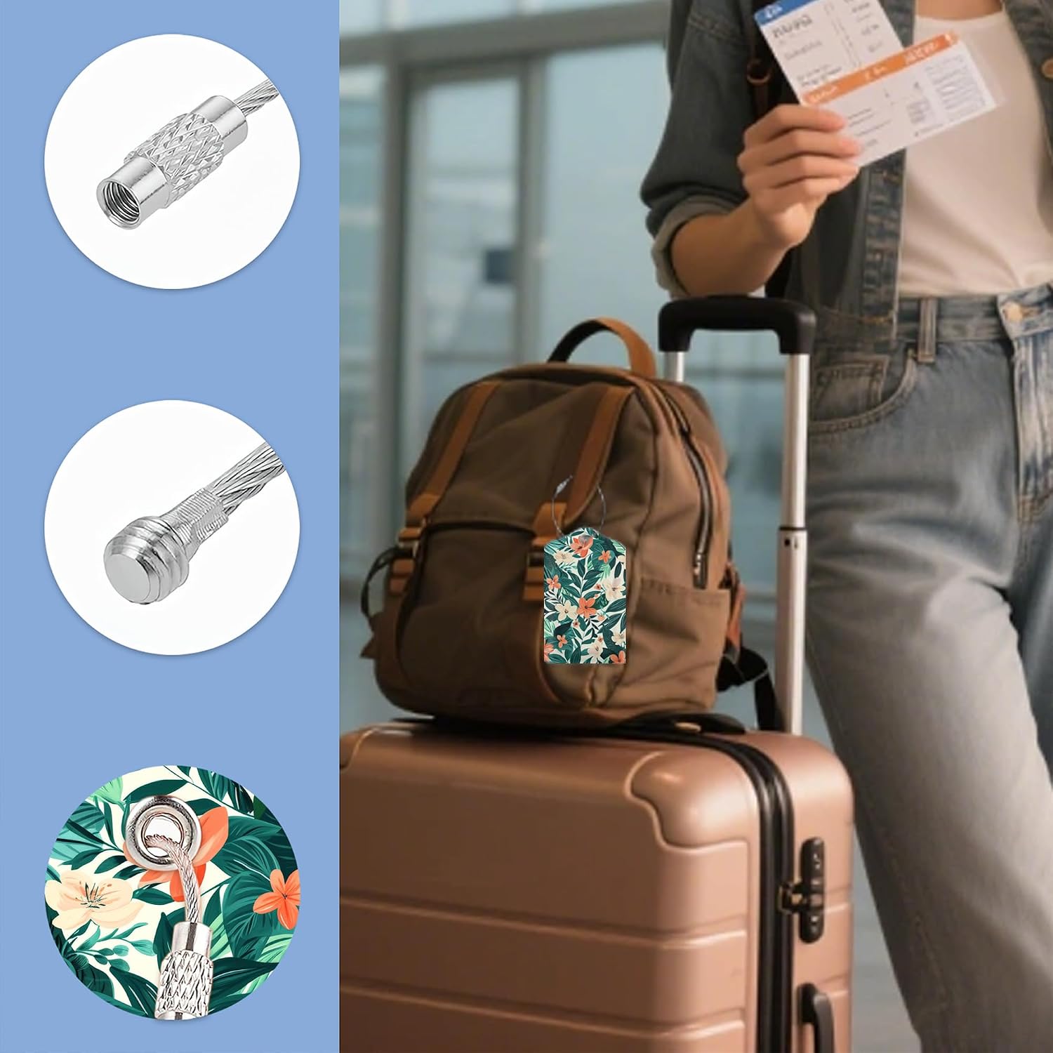 3 Pack PU Leahter Luggage Tag with Stainless Steel Loop,Tropical Flowers Travel Suitcase Labels with Privacy Cover ID Label Quickly Spot for Bags image 4