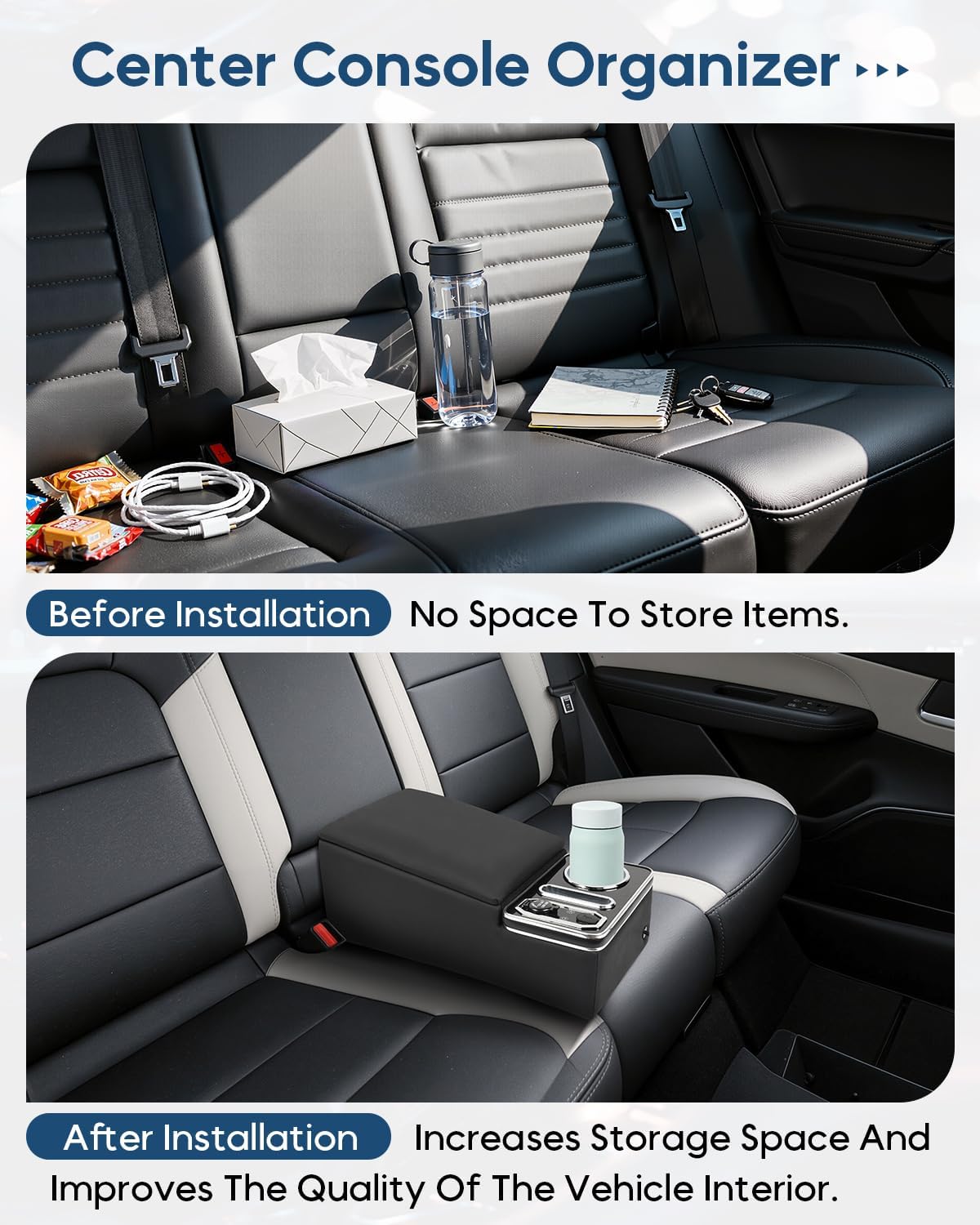 Center Console Organizer for Small SUV, Sedan, Truck, Rear Bench Seat Armrest Organizer with 7-Color Adjustable LED Lighting, Upgraded Automotive Center Storage Box with Fast Phone Charging