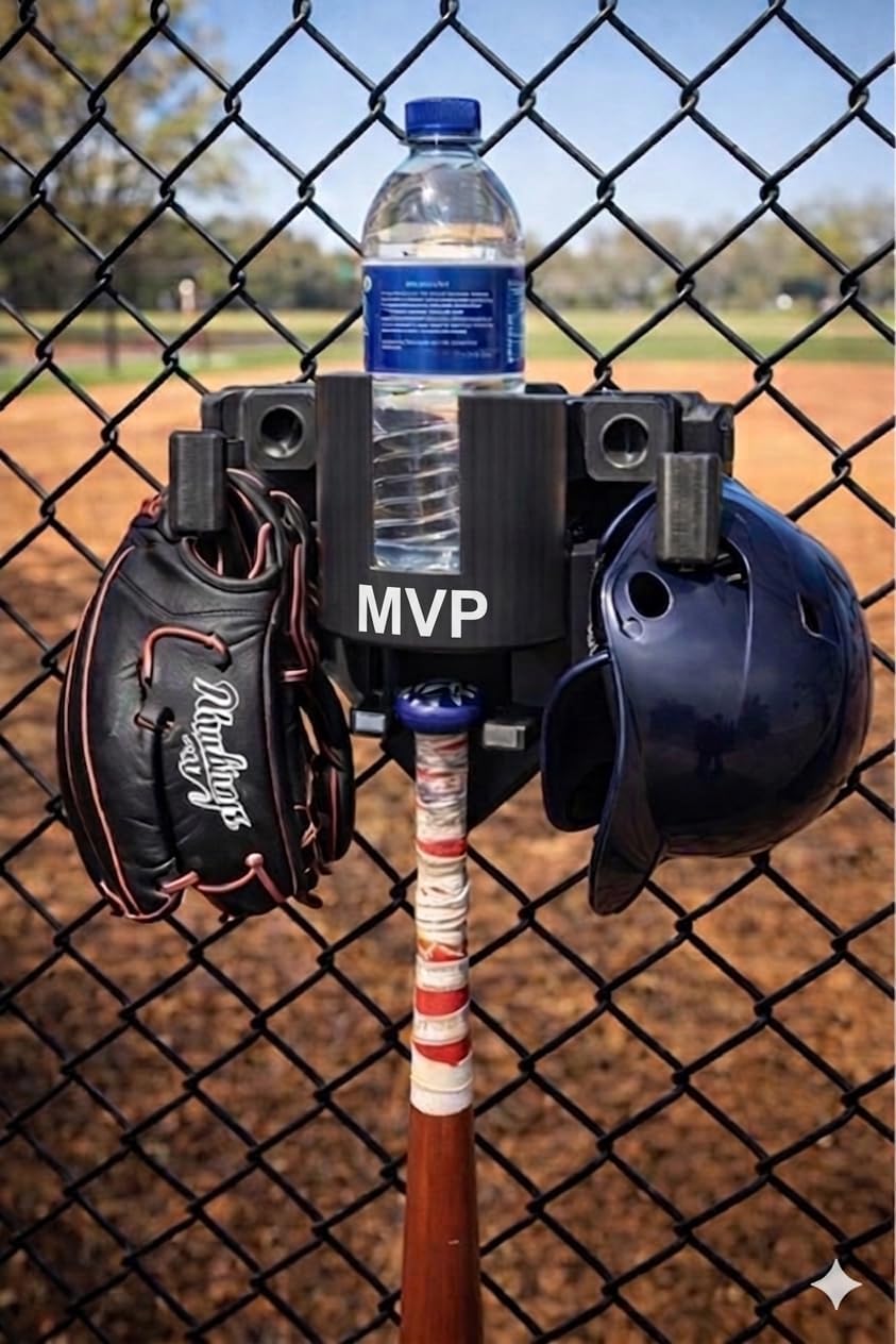 Baseball & Softball Dugout Organizer – Bat & Gear Holder – Fence Mount Rack for Helmet, Glove & Bottle – Dugout Storage for Players & Teams