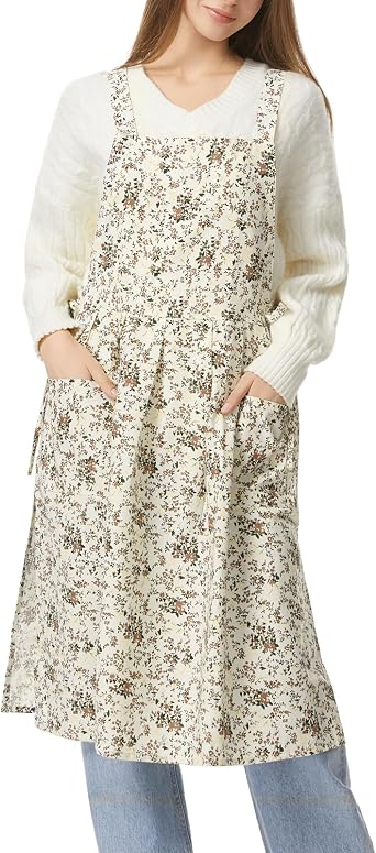 Surblue Cotton Aprons for Women Japanese Style Waterproof Cute Kitchen Pinafore with Pockets Dress for Cooking Gardening