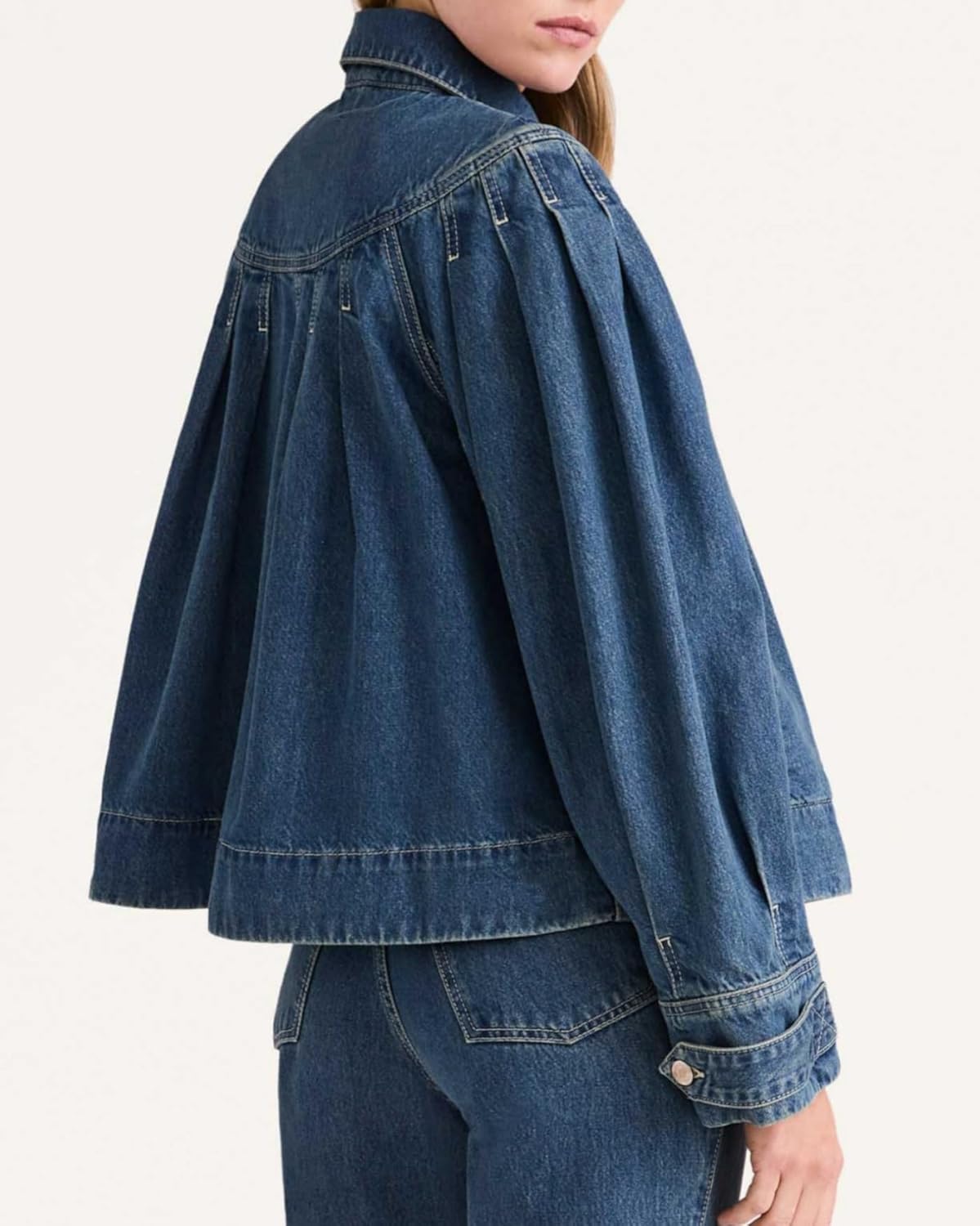 Womens Cropped Denim Jacket Long Sleeve Collared Button Down Pleated Jean Jckets with Pockets - Image 2