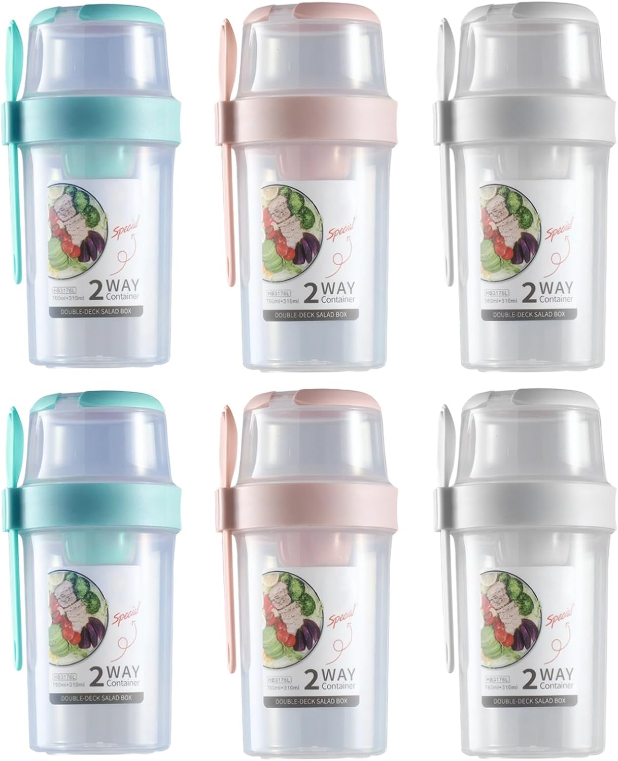 6 Salad Shaker Bowls with Lid, Functional Double Layer Design, 310Ml Upper & 760Ml Bottom Volume, Leak-Proof, Includes Mini Spoon, Suitable for Lunch and Snacks