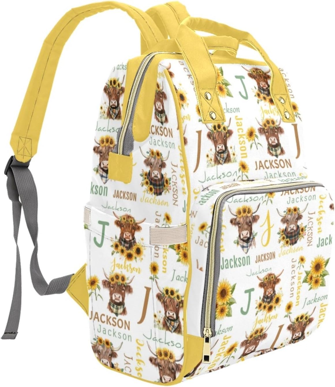 Personalized Highland Cattle Diaper Backpack with Name, Custom Farm Theme Diaper Bag for Boys Girls, Multi-function Nursing Baby Bags, Cute Cow Sunflower Nappy Bag Travel Bags for Women