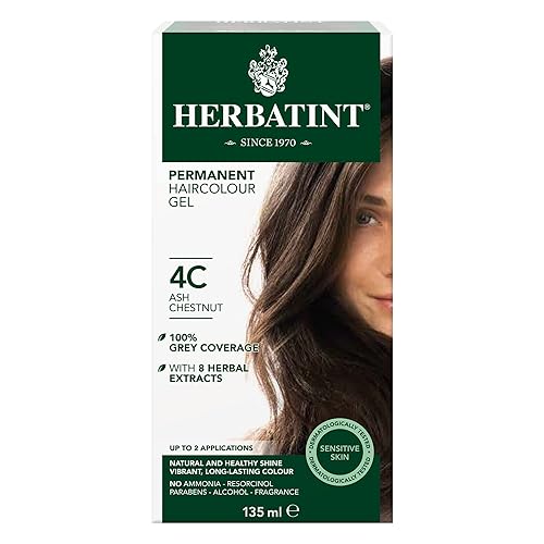 Herbatint - Coloración permanente en gel sin alcohol y vegana, color 4C castaño ceniza, cubre el 100 % de canas, 4.56 onzas