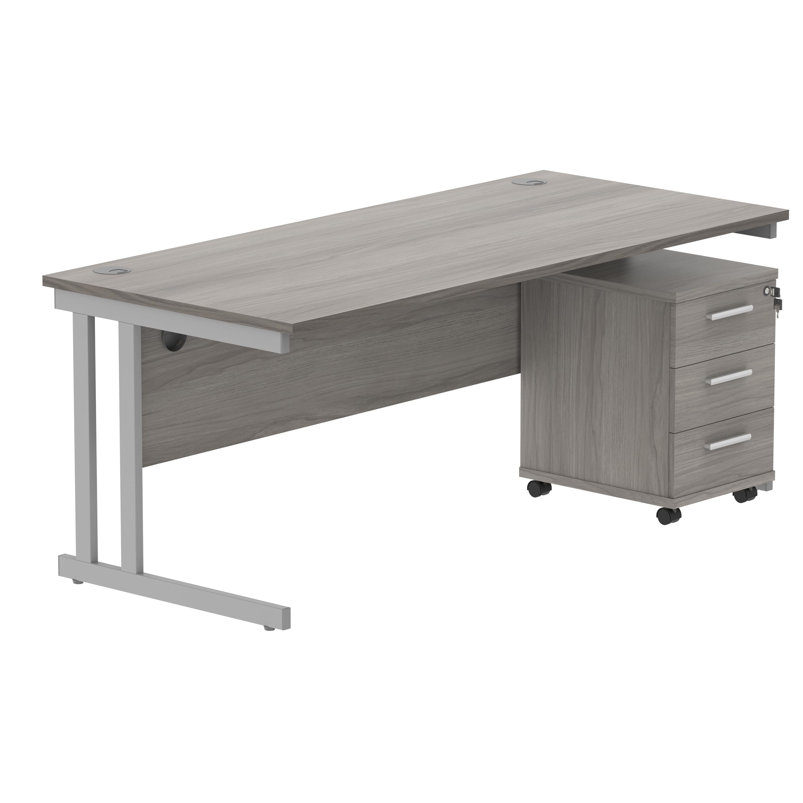 Office Hippo Heavy Duty Rectangular Desk, 3 Drawer Mobile Pedestal, Silver Frame, Alaskan Grey Oak, 180 x 80 x 73 cm