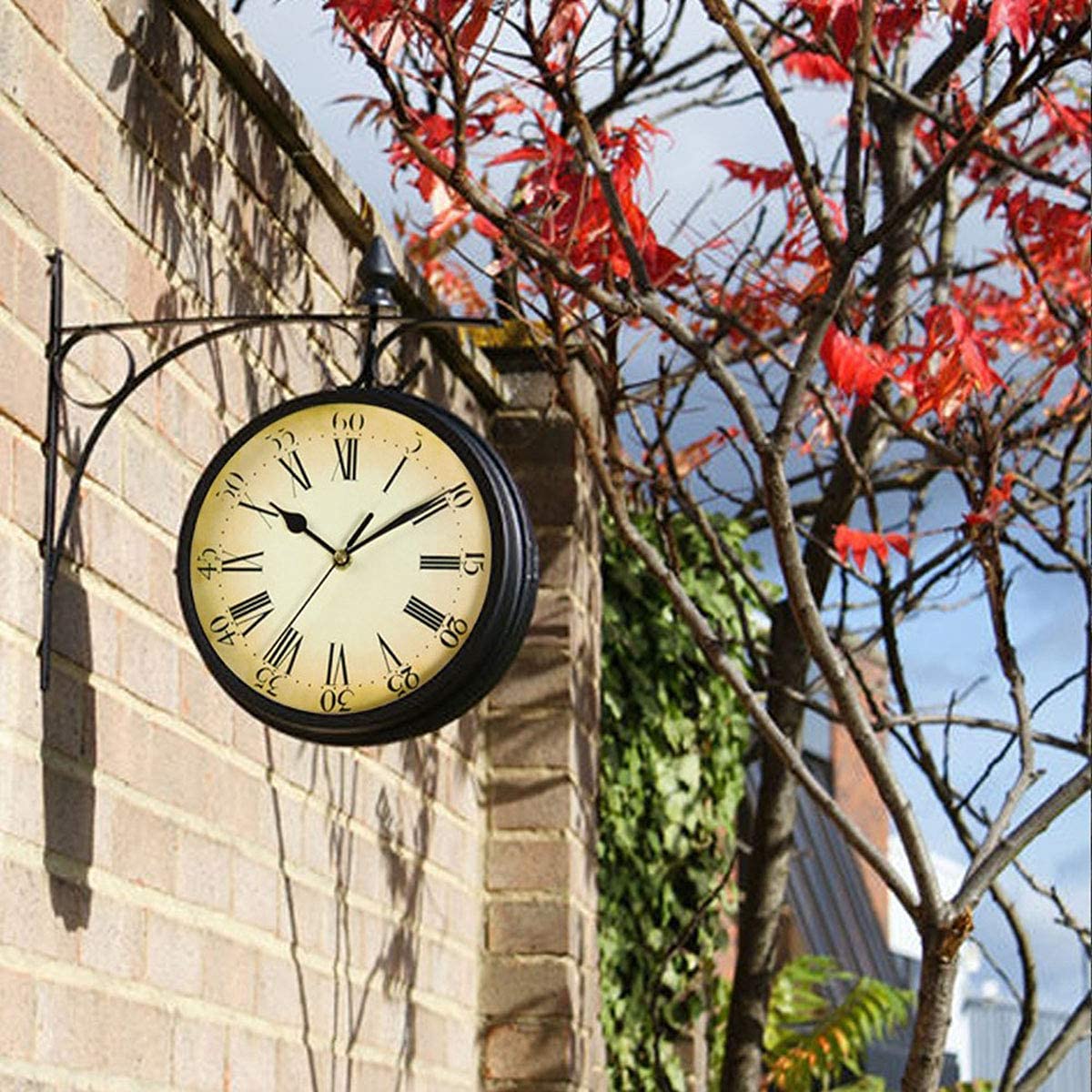 Double Sided Wall Clock Garden Porch Hanging Retro Station Home Decor Outdoor Two Faces Antique Round Silent Easy To Hang