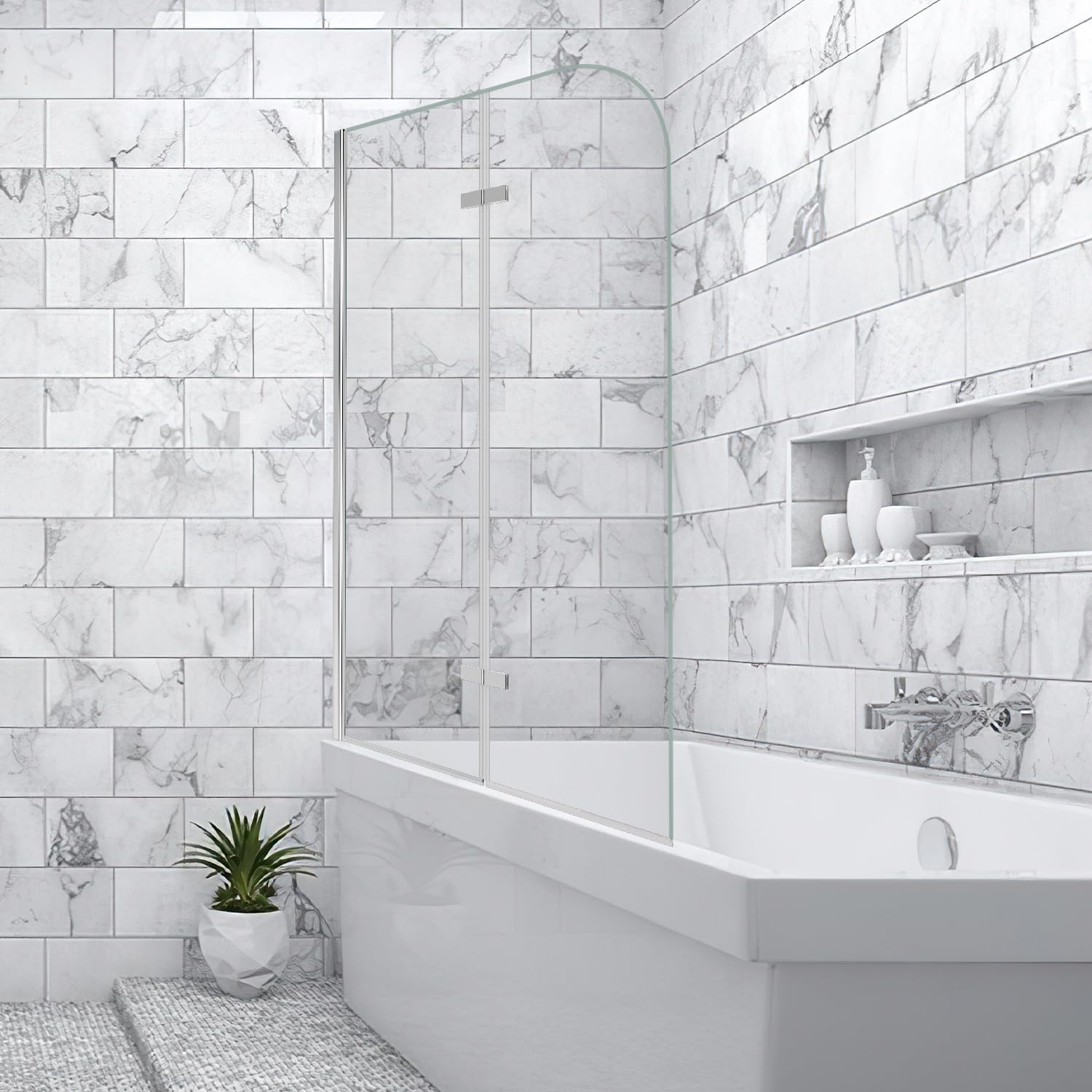 Mampara de ducha para bañera de 100 x 140 cm, 2 piezas, plegable, color plata transparente, mampara de ducha de cristal templado de 6 mm, accesorio para bañera, moderno, protección