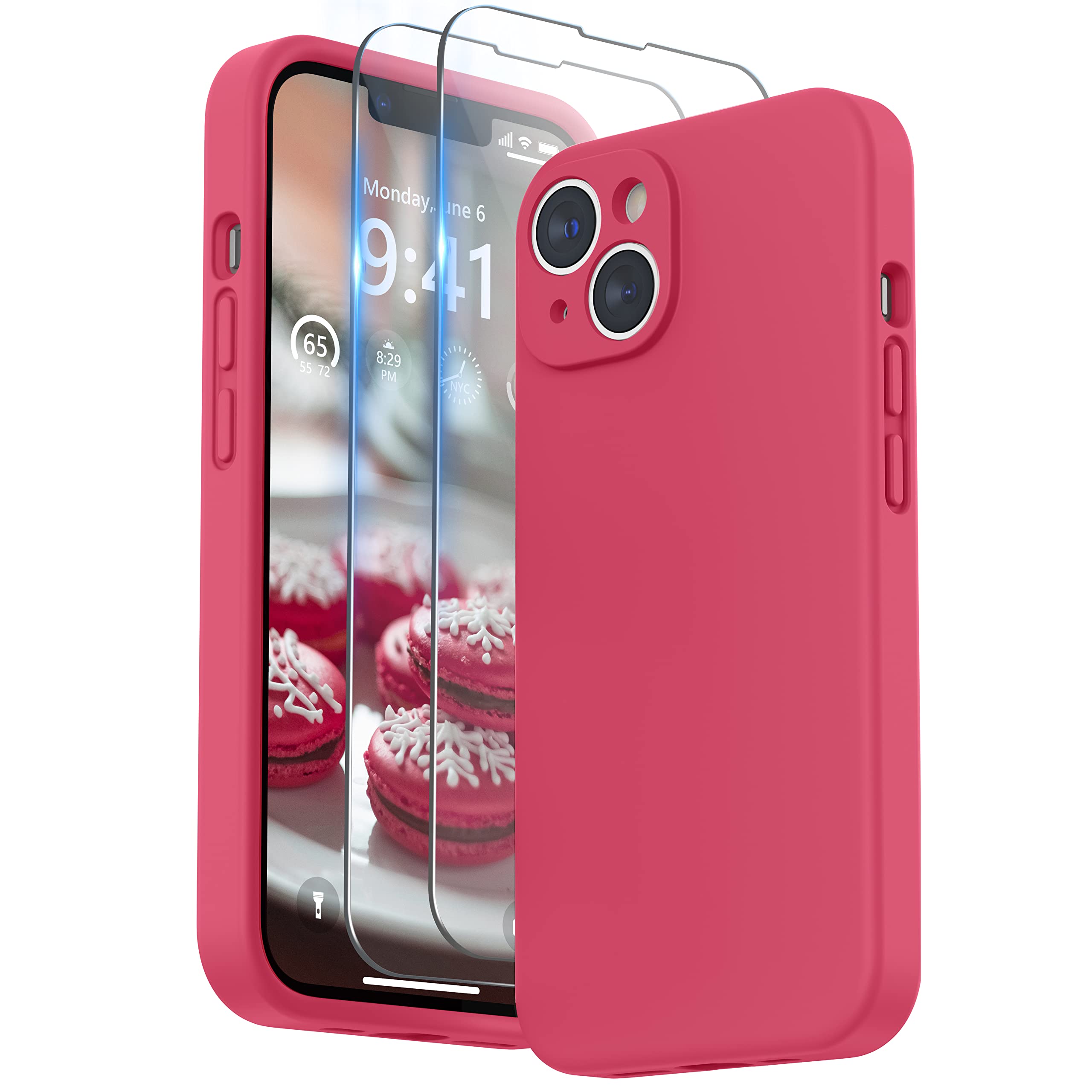 SURPHY Cover per iPhone 14 con 2 Pellicola Vetro Temperato (6,1"), Custodia per iphone 14 Silicone con Protezione Fotocamera, case protezione Completa, Ibisco