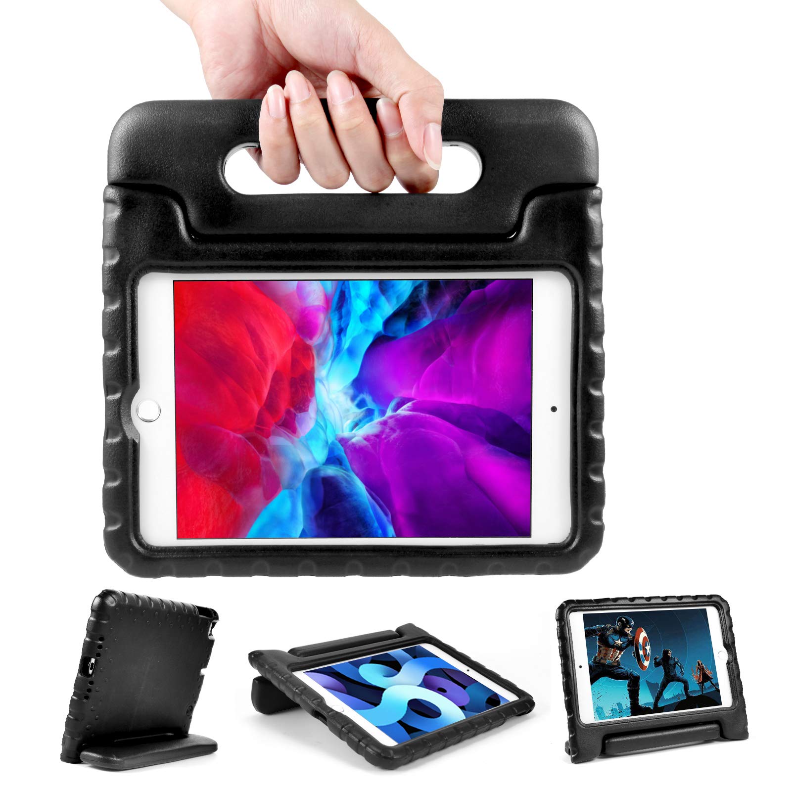 iPad Mini 4 / Mini 5 Tablet Case for Kids | Blosomeet EVA Lightweight Shockproof iPad Mini 5th/4th Generation Case w/Handle & Foldable Stand | Rugged Protective Kid-Proof ipad Mini 4 Cover | Black