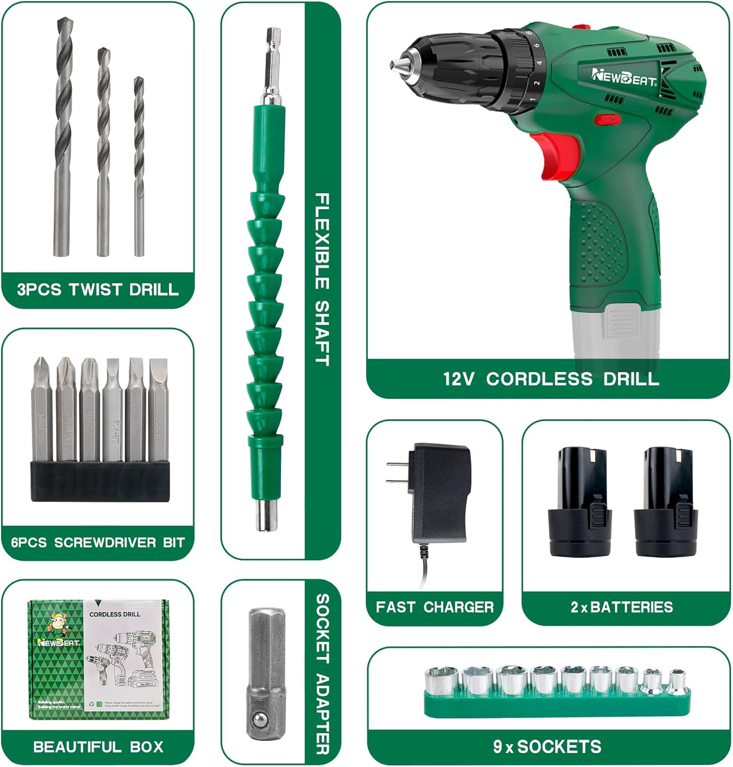 Power Drill Set, 12V Cordless Drill with 2 Battery and Charger, 2 Variable Speed, 18+1 Torque Setting, Tools for Home and DIY Project