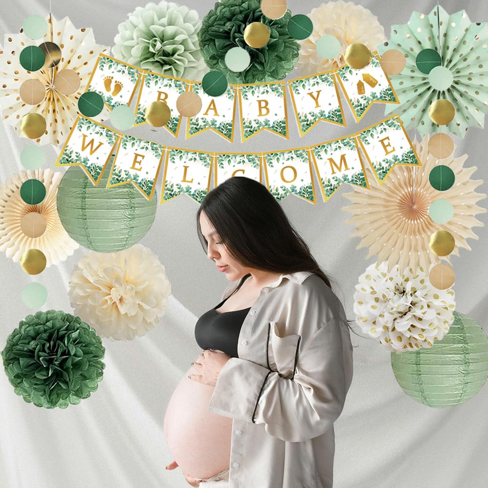 Salbeigrün Babyparty-Dekorationen Set – Mit Banner, Girlanden, Pompons & Laternen, Geschlechtsneutral