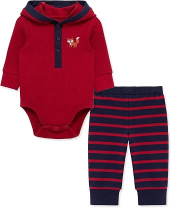 Little Me Baby Boys 2-Piece 100% Cotton Hooded Onesie and Pant Set, 0-24 Months