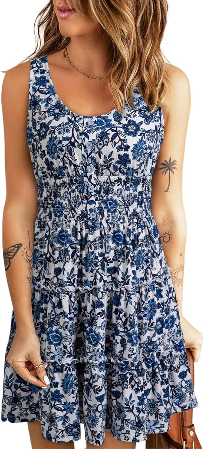 Dokotoo Womens Summer Dresses 2026 Sleeveless Button Down Smocked Empire Waist Ruffle Tiered Casual Swing Mini Dress - Image 2
