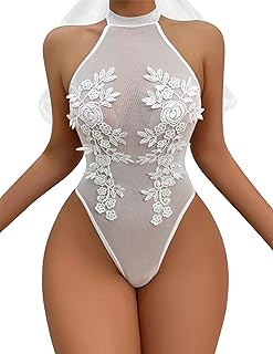 Women Teddy Lingerie Sexy Mesh Bodysuit Halter Snap Crotch Body Suits Sh...
