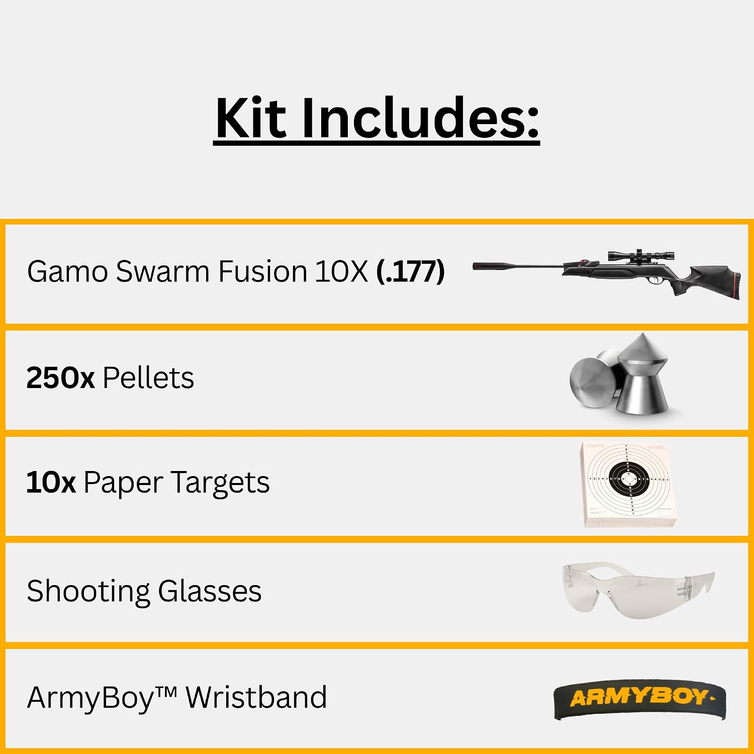 Gamo Swarm Magnum Pro 10X/8X GEN3i Air Rifle Bundle – Multi-Caliber .177 / .22 / .25 Break Barrel Pellet Gun with Pellets, Paper Targets & Safety Glasses