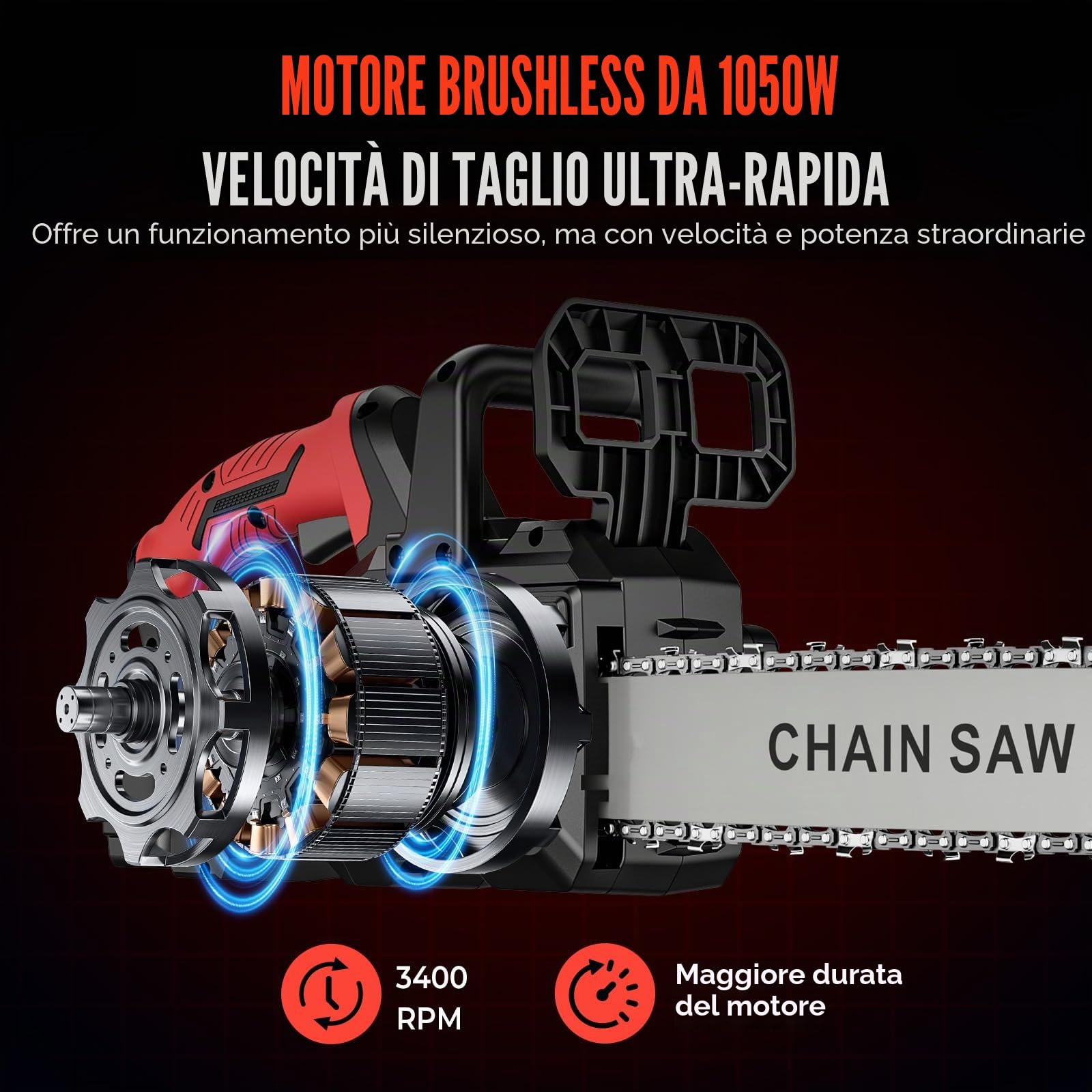 Motosega a Batteria 12+16 Polci, Motosega Elettrica Senza Fili con 2 x 4,0 Ah Batterie, 1050W Motore Brushless, Display LCD, Lubrificazione Automatica, Tensionamento Catena senza Utensili