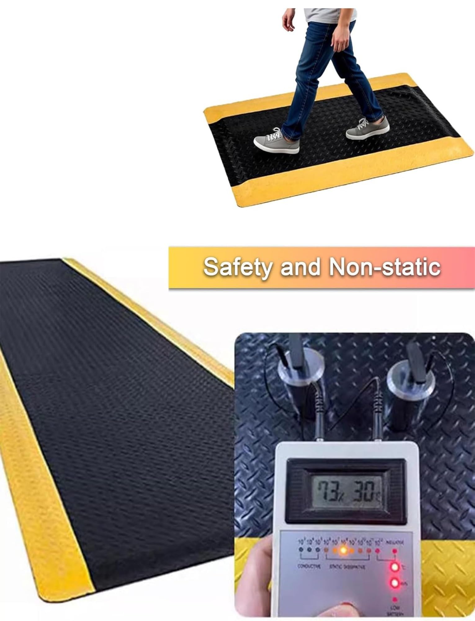 Alfombra antifatiga Industrial PVC 20mm Esterilla Suelo Antideslizante | Para talleres y almacenes con acolchado cómodo, diseño diamante y apoyo prolongado(Black-Yellow,70x60cm)