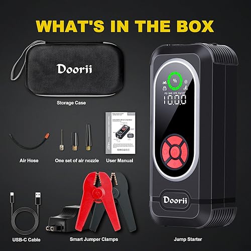 Miniatura 6 de Q10 Arrancador de salto con compresor de aire, 150PSI 5000A batería de coche (7.0L Gas5.5L Diesel) con inflador digital de neumáticos, caja de salto