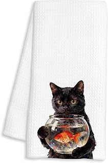 Funny Black Cat Kitchen Towels, Cat Lover Gifts for Women Men, Whimsical Cat Holding Fishbowl Decorative Dish Hand Tea Towels for Bathroom Kitchen, 16x24 Inch