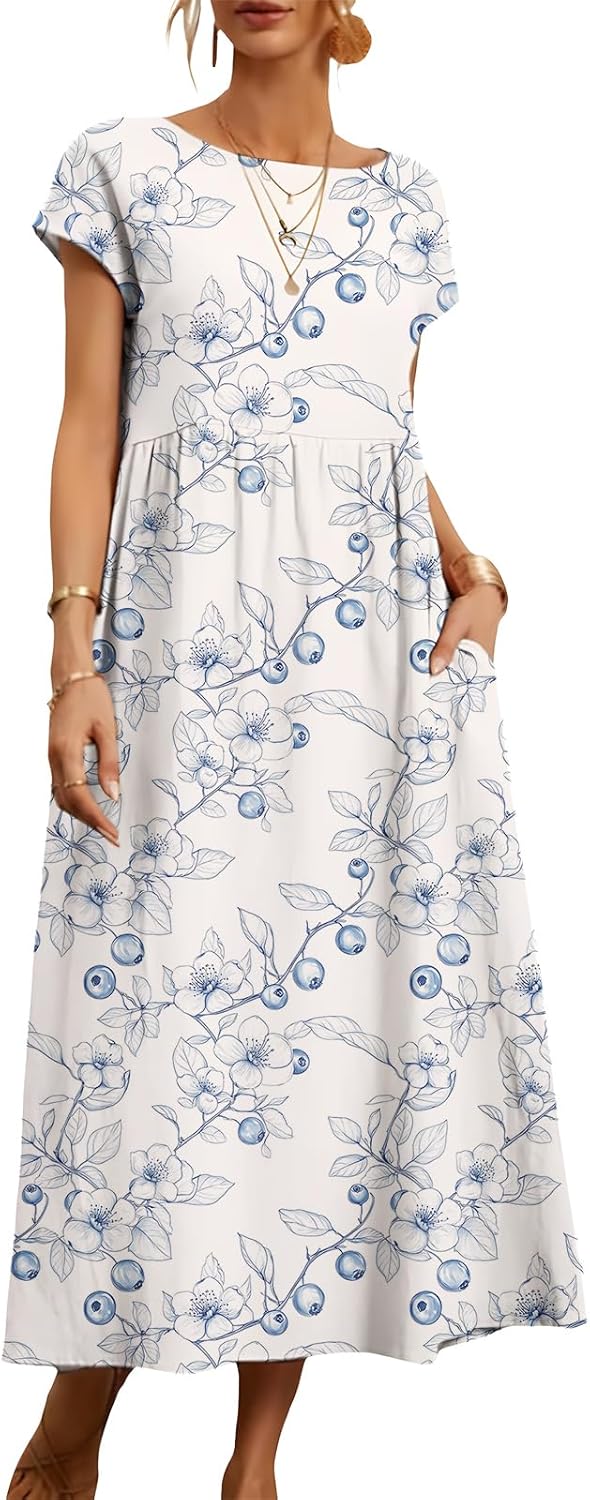 Zhyaj Women's Boho Chic Floral Print Loose Dress Summer Casual Crewneck Short Sleeve Flowy Long Dresses with Pockets