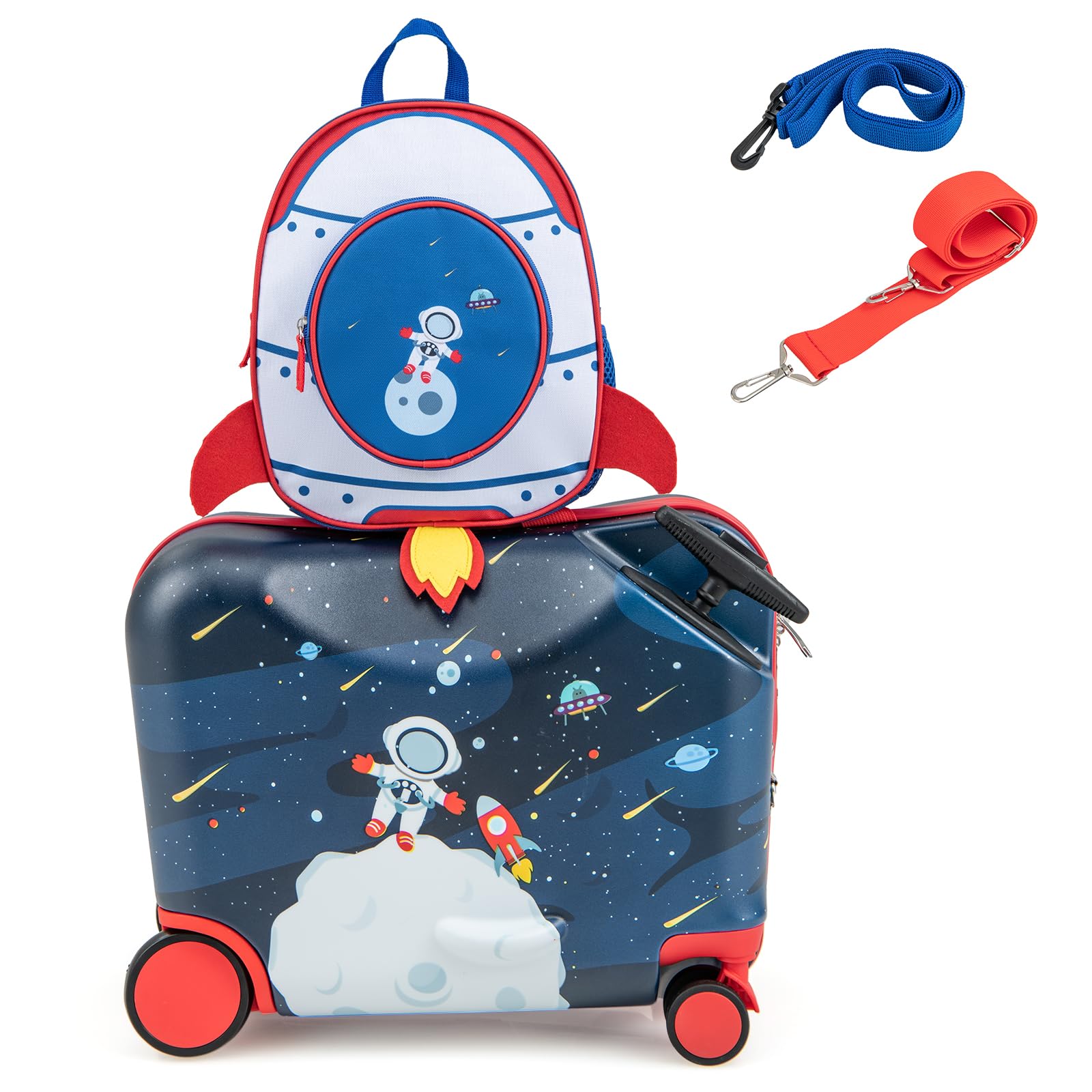 GOPLUS Maleta Infantil de 2 Piezas con Ruedas Giratorias, Equipaje de Viaje con Mochila, Juego de Equipaje para Niños Ride-on & Sit-on & Carry-on 47cm y Mochil 30 cm, Maleta de Cabina (Astronautas)