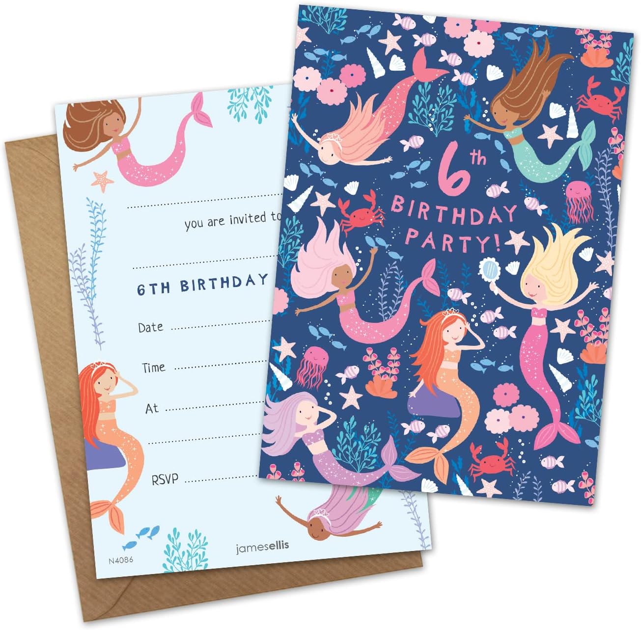 James Ellis Pack of 8 Children’s Mermaid Birthday Party Invitations Age 6 with Envelopes