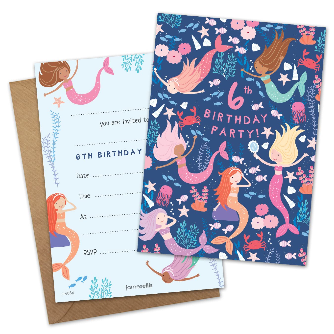 James Ellis Pack of 8 Children’s Mermaid Birthday Party Invitations Age 6 with Envelopes