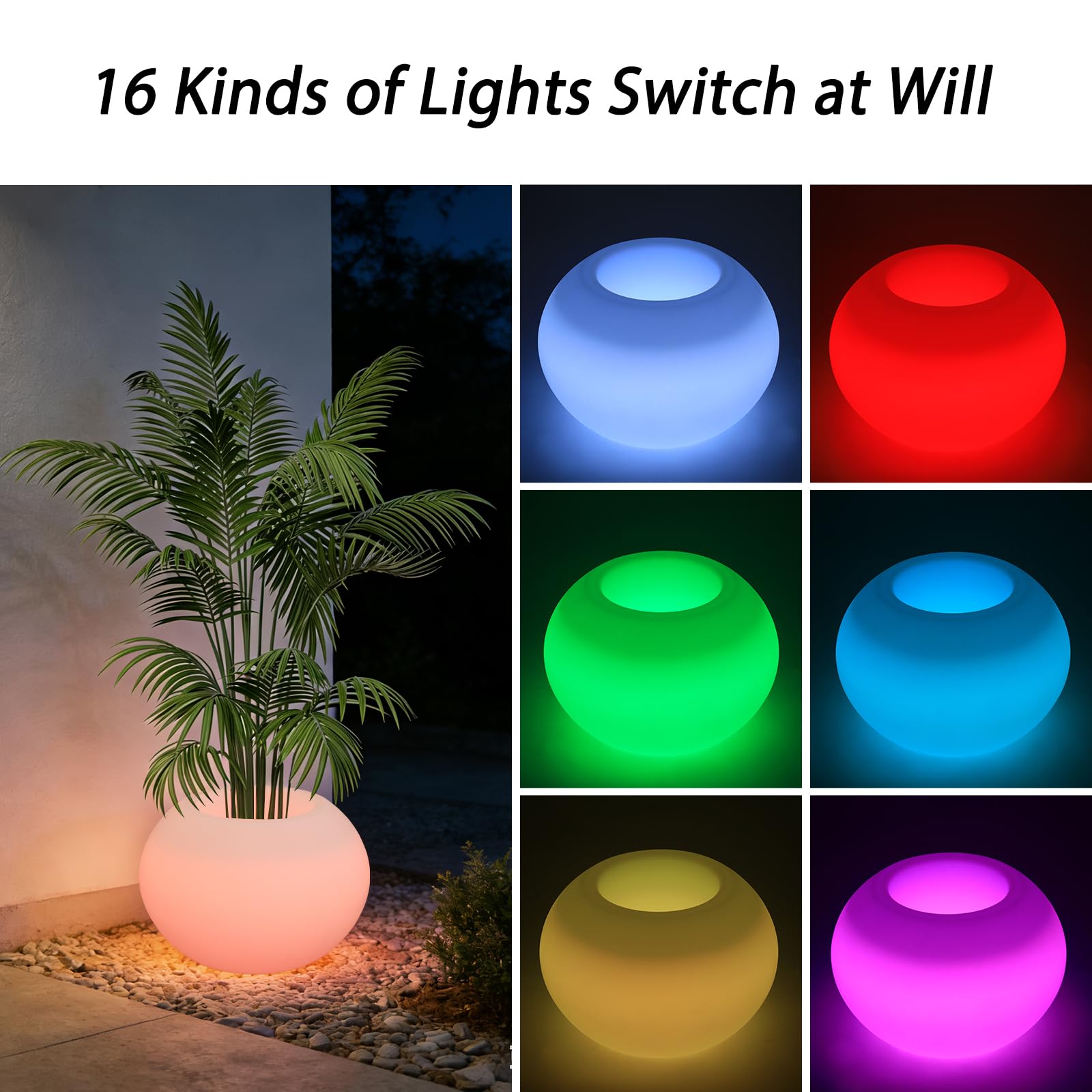 Pot de fleurs rond moderne éclairé, pot de fleurs LED avec télécommande, boule lumineuse à changement de couleur, boule de jardin, 16 couleurs, 4 modes, IP44, veilleuse à intensité variable