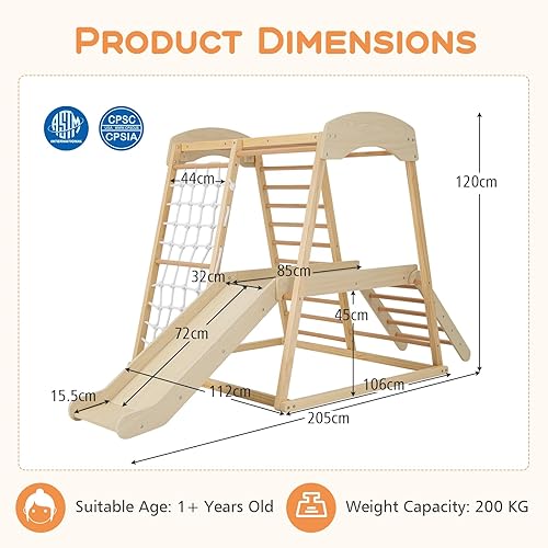 Miniatura 8 de HONEY JOY Gimnasio de la selva interior para niños, escalador grande 6 en 1 con rampa deslizante, barras de mono, red de escalada, escalera,