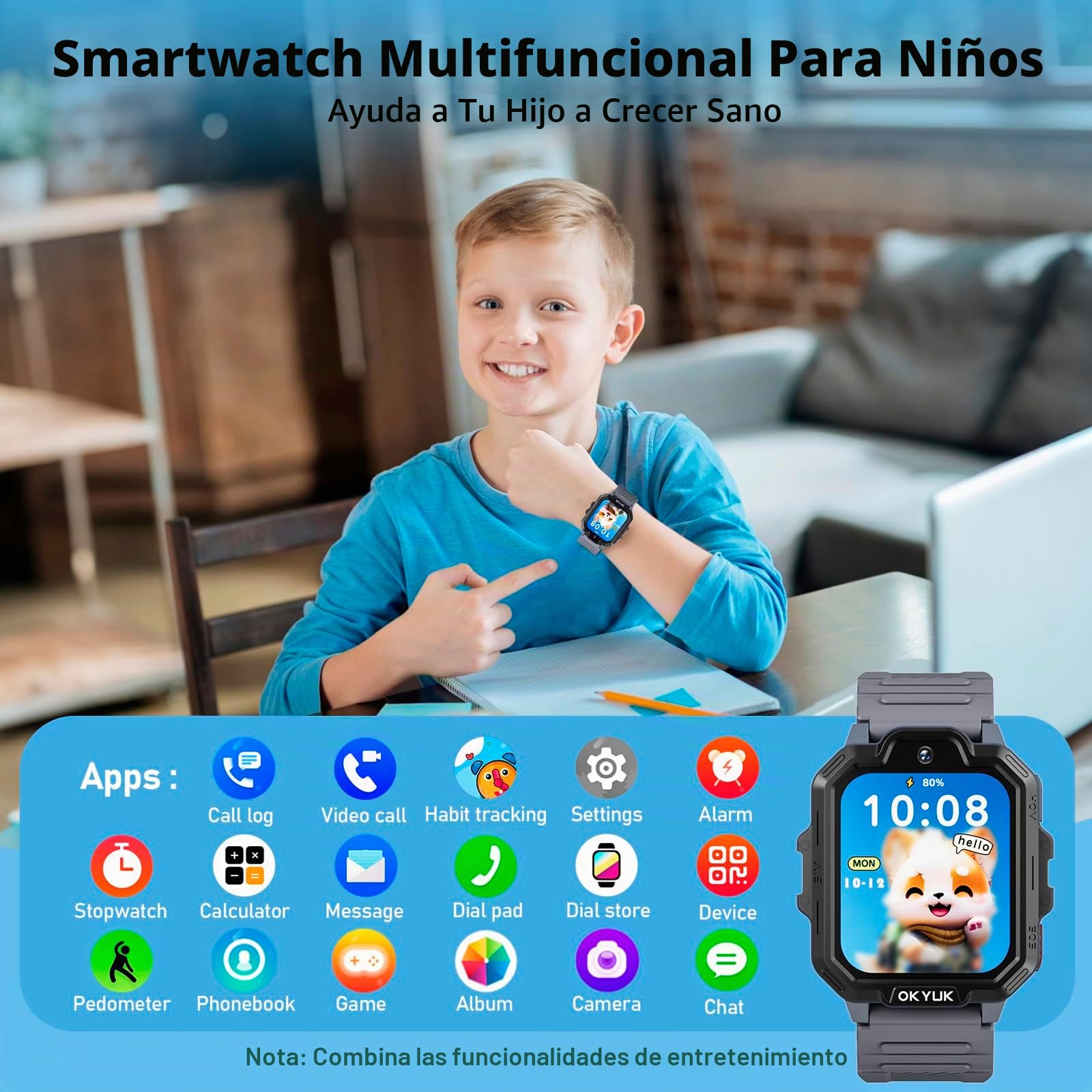 OKYUK Reloj Inteligente T17 4G para niños, Reloj GPS con función SOS, videollamada/Llamada telefónica/Chat de Voz/SMS, podómetro, Modo de Clase, cámara, Juegos de Rompecabezas, Reloj Inteligente para