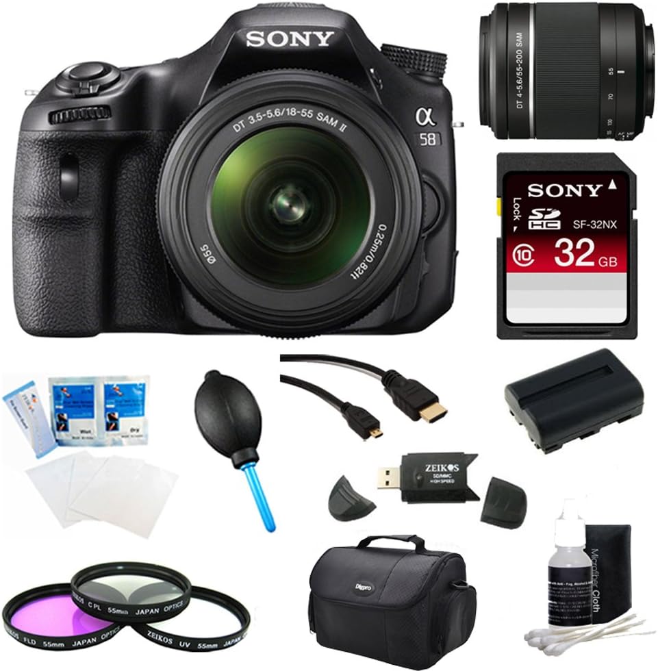 Sony SLT-A58K A58 A58K SLTA58K Digital SLR Kit with 18-55mm, SAL 55-200mm Sony Lens, 20.1MP SLR Camera with 3-Inch LCD Screen (Black) Ultimate Bundle with 32GB High Speed SD Card, Gadget Bag, Spare Battery, Filter Kit, Card Reader, Micro HDMI Cable +More!