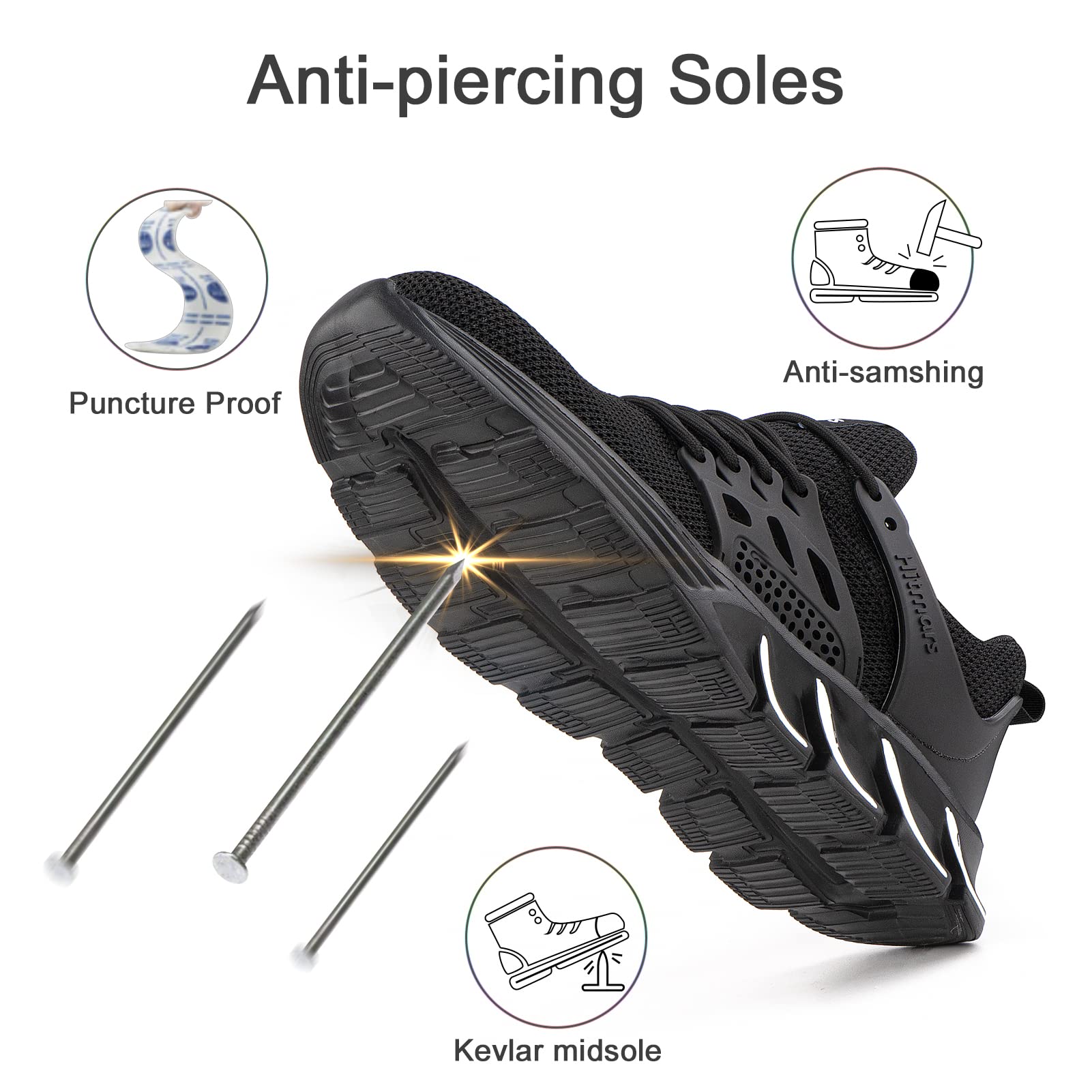 Hitmars Zapatos de Seguridad Hombre Zapatillas de Seguridad Mujer Zapatillas de Trabajo Punta de Acero Safety Shoes Calzado de Seguridad Ligero Negro EU 46