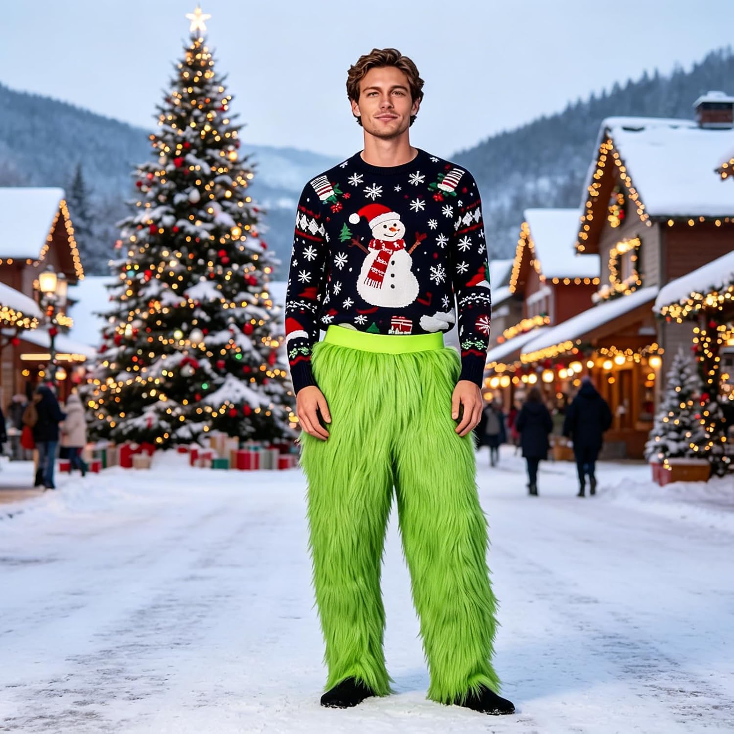 Mens Green Furry Pants Adult Christmas Funny Cosplay Costume | Props Green Santa Costume Trousers for Men Women