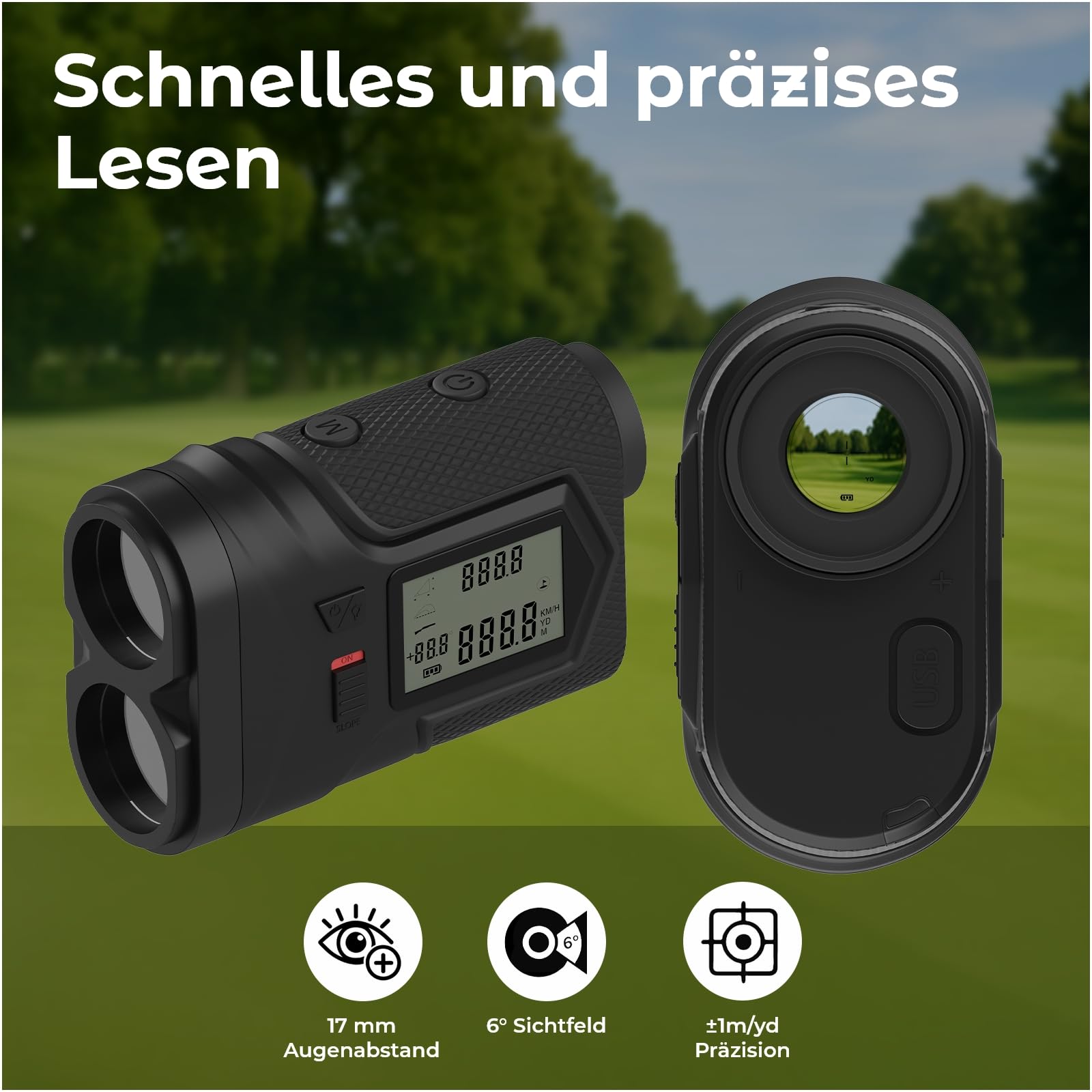 Golf Entfernungsmesser 1097M von WanderS – Laser Messgerät mit Neigungsfunktion On/Off, Flaggensperre & Vibration, 6X Zoom, Turniermodus, Seitenanzeige, USB-C Aufladung – Golfzubehör Herren