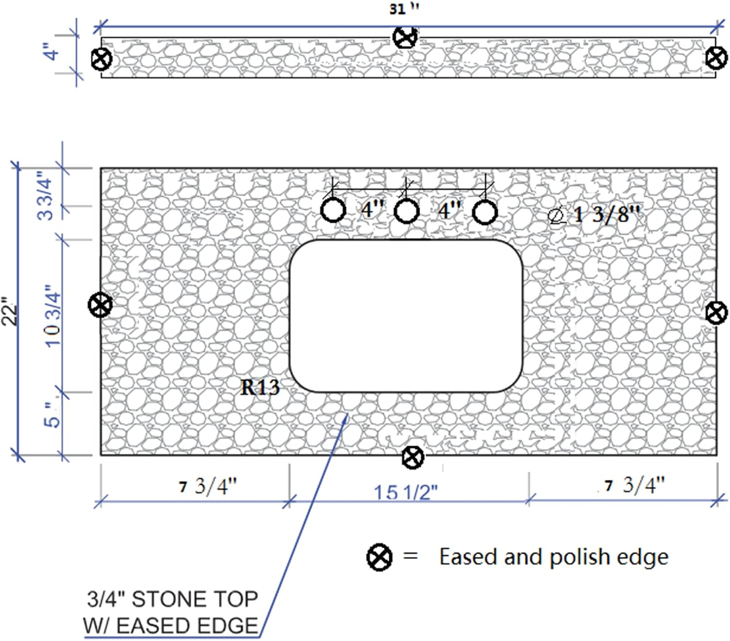 31 Inch Bathroom Vanity Top Stone, Carrara White Engineered Marble Stone Vanity Sink Top with Undermount Ceramic Sink and Back Splash with 3 Faucet Hole for Bathrom Cabinet (31"x22"(3 Holes))