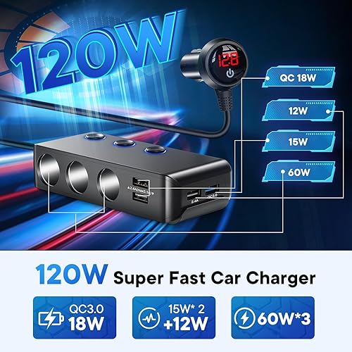 Miniatura 4 de Adaptador de encendedor de cigarrillos de carga rápida 3.0, 120 W, 12 V24 V, divisor de alimentación de 3 enchufes, salida de CC con 8.5 A, 4