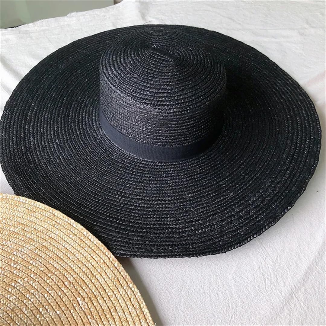 Women's Wide Brim Flat Top Hat 15Cm Straw Hat Flat Top Summer Black Ribbon Sun Hat Beach Hat