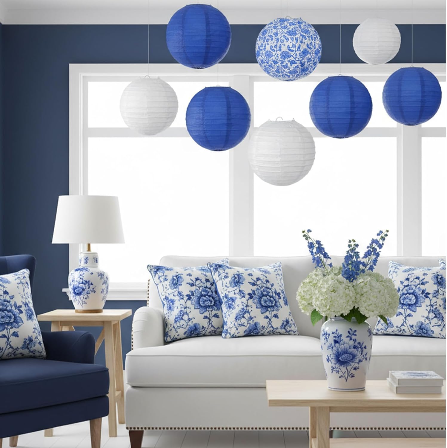 18 Pcs Chinese Lanterns Decorations Set, 8 & 10 Inch Blue White Porcelain Print Chinese Paper Lanterns with Metal Frame for Wedding Party Home Ceiling Decor