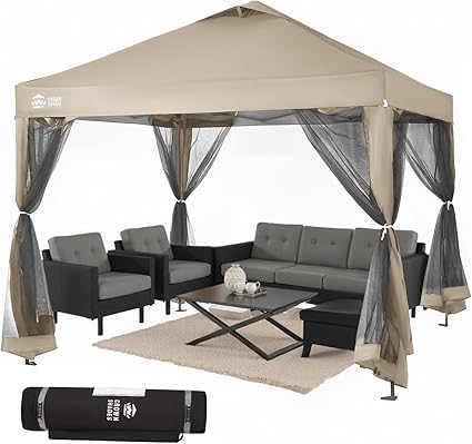 CROWN SHADES Gazebo 10x10 Pop Up Canopy with Mosquito Netting, Screen Tent with 4 Ropes, 8 Stakes, 4 Sandbags and Wheeled Storage Bag, Canopy for Patio & Backyard Parties,Camping&Events -(Beige)