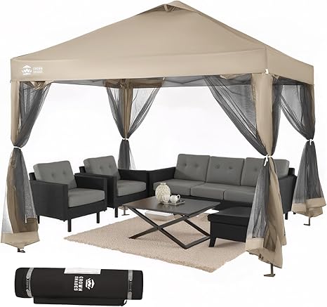 CROWN SHADES Gazebo 10x10 Pop Up Canopy with Mosquito Netting, Screen Tent with 4 Ropes, 8 Stakes, 4 Sandbags and Wheeled Storage Bag, Canopy for Patio & Backyard Parties,Camping&Events -(Beige)