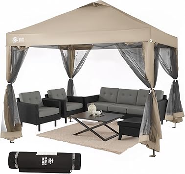 CROWN SHADES Gazebo 10x10 Pop Up Canopy with Mosquito Netting, Screen Tent with 4 Ropes, 8 Stakes, 4 Sandbags and Wheeled Storage Bag, Canopy for Patio & Backyard Parties,Camping&Events -(Beige)