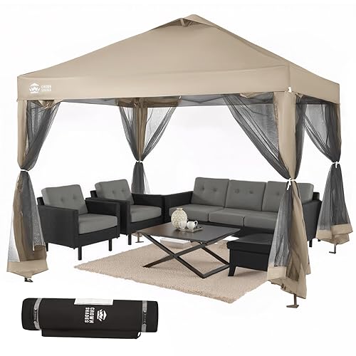 CROWN SHADES Gazebo 10x10 Pop Up Canopy with Mosquito Netting,
