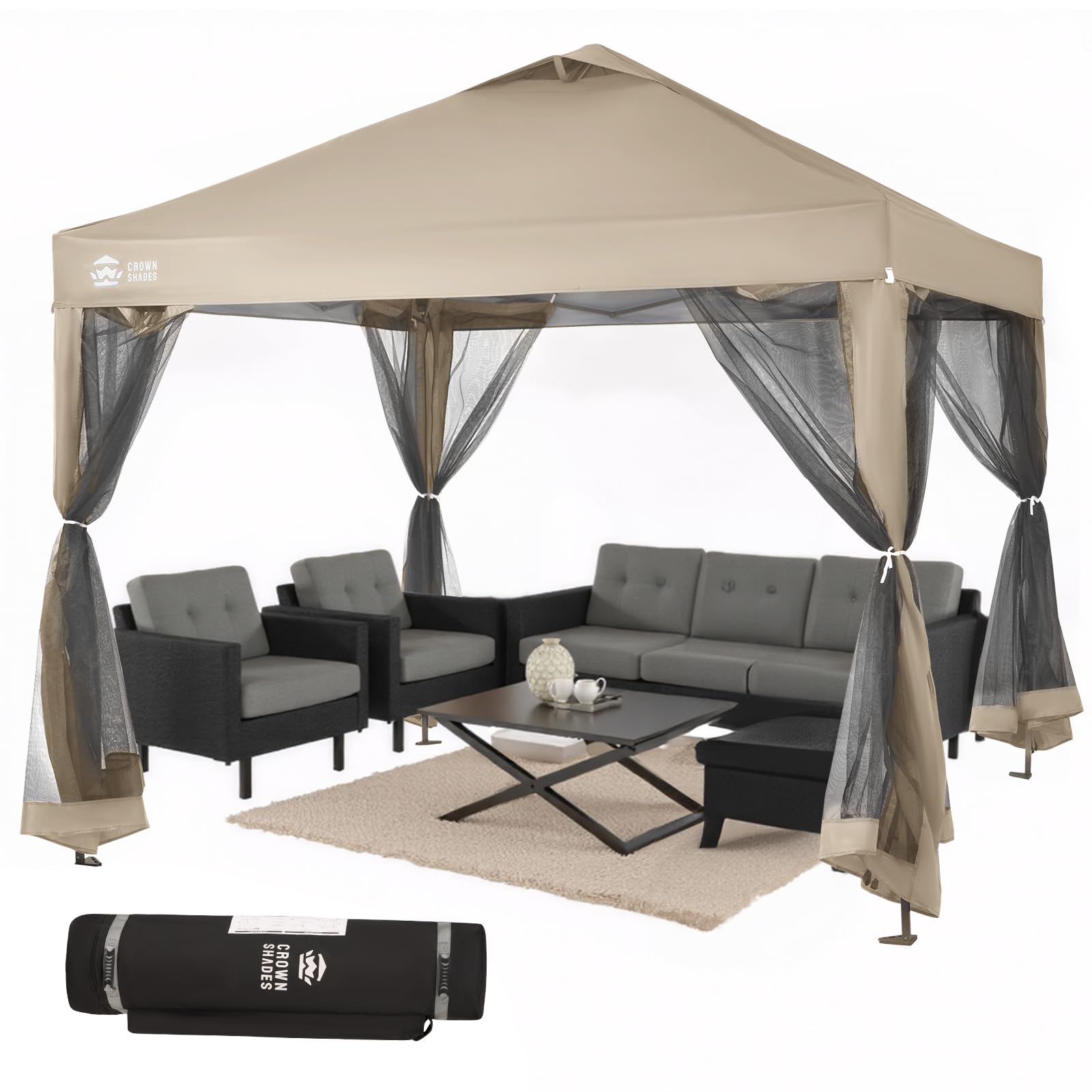 CROWN SHADES Gazebo 10x10 Pop Up Canopy with Mosquito Netting, Screen Tent with 4 Ropes, 8 Stakes, 4 Sandbags and Wheeled Storage Bag, Canopy for Patio & Backyard, Beige