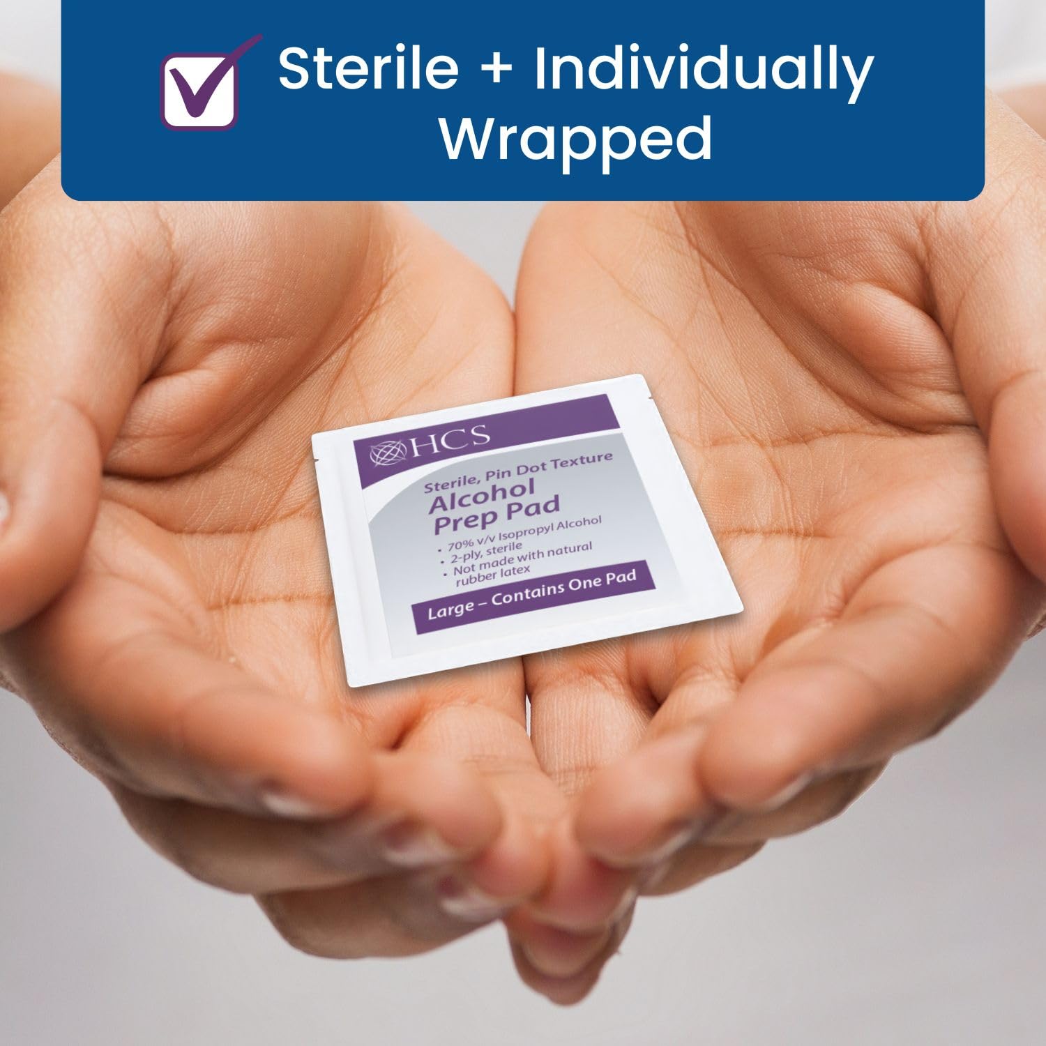 HCS Large Alcohol Prep Pads - Textured, 70% Isopropyl Alcohol Wipes, Individually Wrapped - 2 ply Sterile Skin Prep Swabs for Injections, First Aid (100/Box)