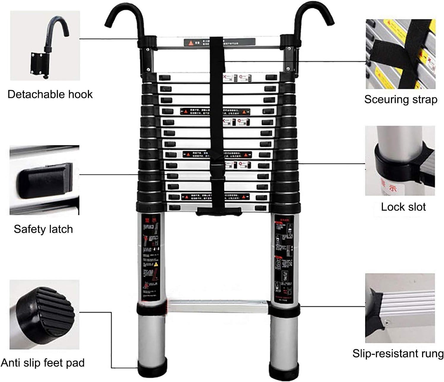 Folding Telescoping Ladder Aluminum Telescoping Ladder with Detachable Hook, Lightweight Telescopic Extension Ladders for Home Loft Outdoor Work, 330lbs Load Capacity
