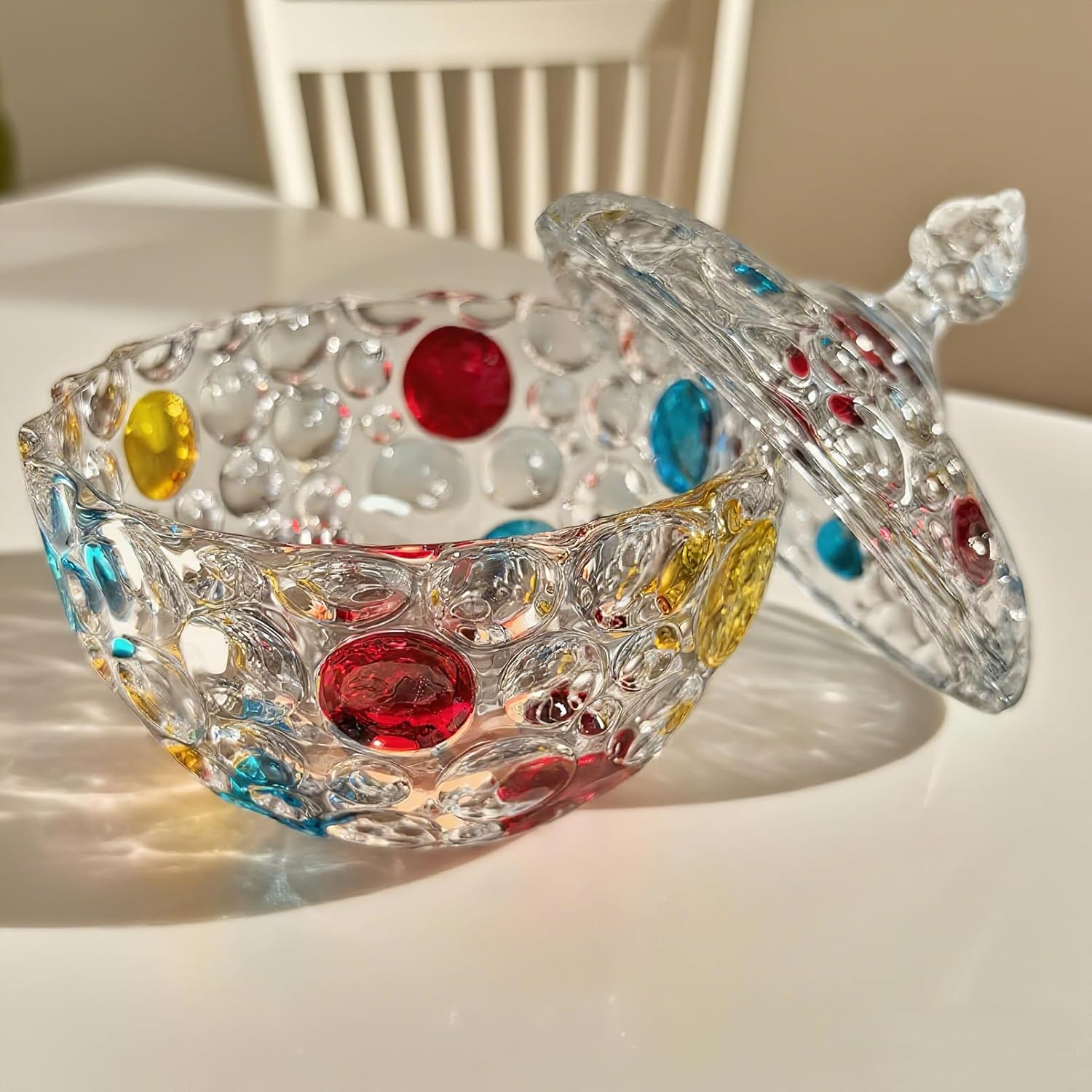 Colorful Glass Candy Jar, Elegant Hand Painted Candy Server Crystal Candy Bowl with Lid, Vintage Decorative Candy Dish, Nut Cookie Fruit Bowl Plate, Food Jewelry Box Storage Jar, Small