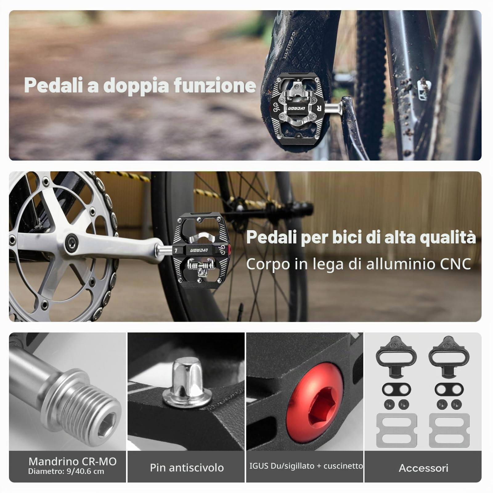 LYCAON Pedale per bicicletta da ciclismo - Pedale a piattaforma per mountain bike a doppia funzione, piatto e senza clip, in alluminio lavorato a CNC, 3 cuscinetti sigillati, compatibile con SPD